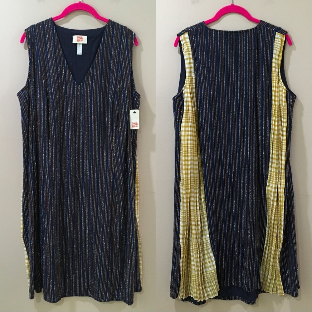 Tamara Malas Tunic Dress Womens 14/16  Blue Yellow Glitter Pleated V Neck New